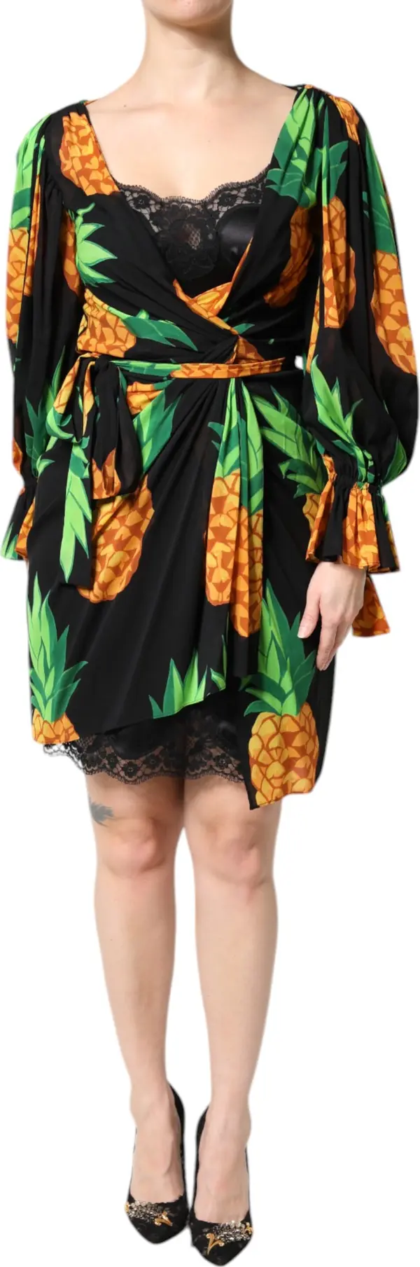 Black Silk Pineapple Draped Print Wrap Dress