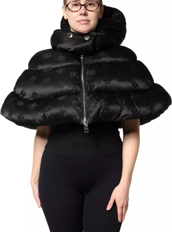 Black Padded Puffer Hooded Full Zip Cropped Jacket