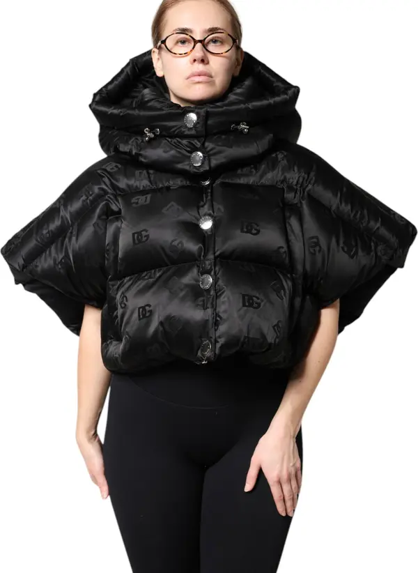 Black Padded Puffer Hooded Full Zip Cropped Jacket