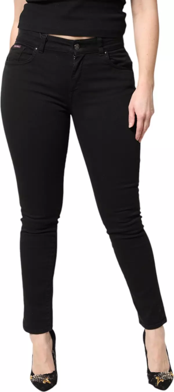 Black Cotton Mid Waisted Skinny Denim Jeans