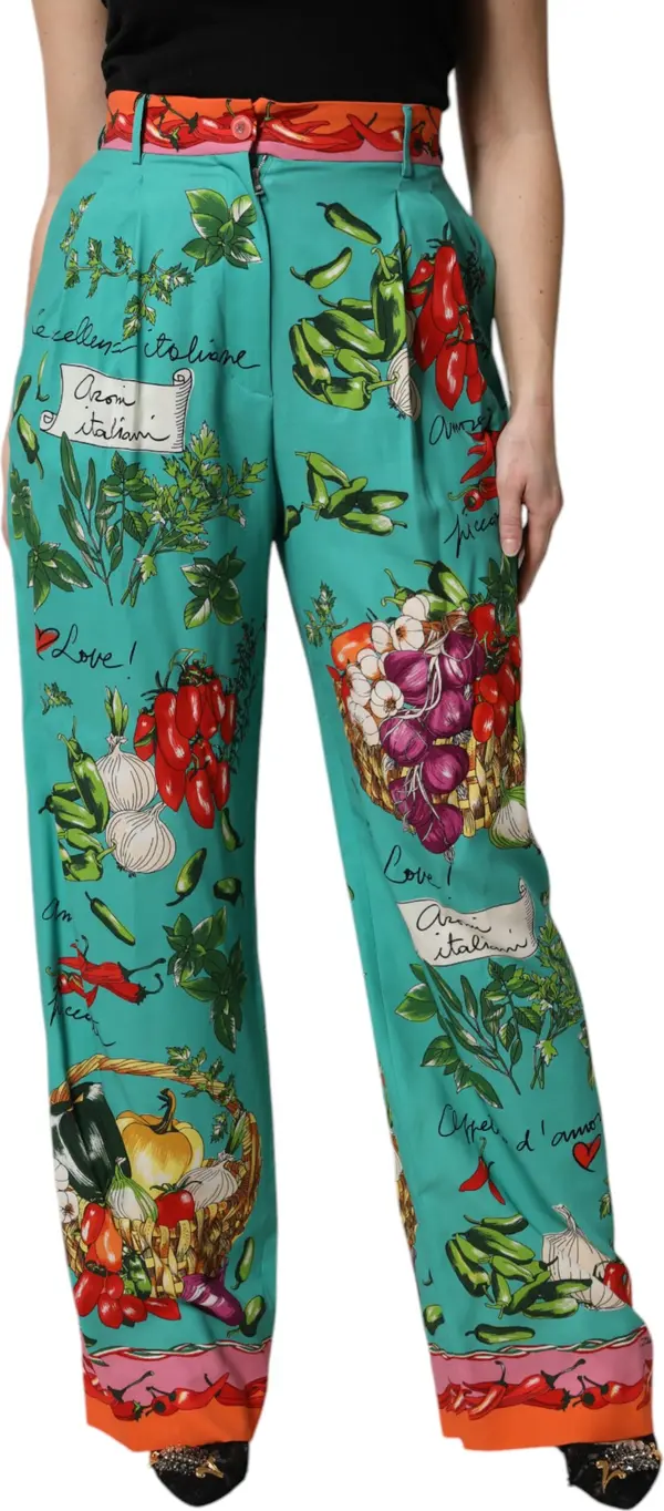 Green Silk Printed Straight Pants
