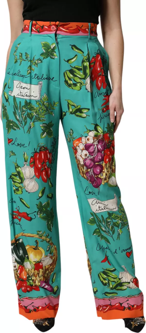 Green Silk Printed Straight Pants
