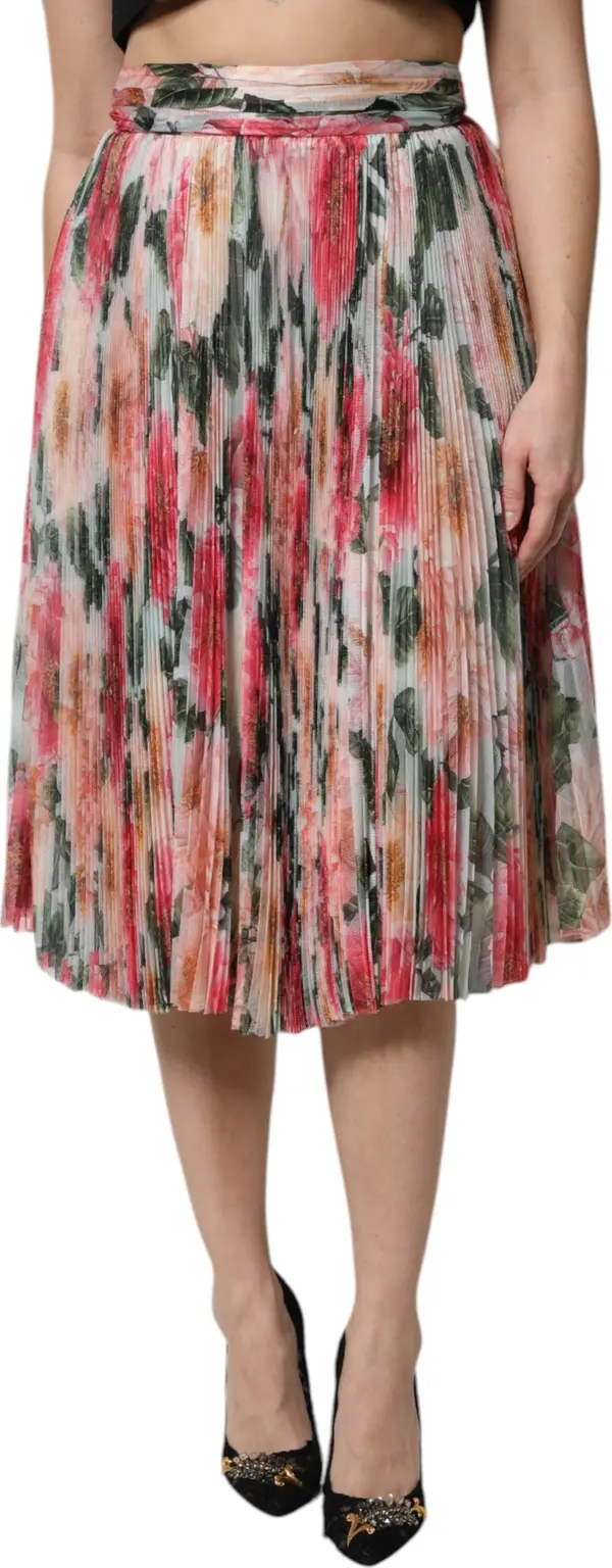 Multicolor Silk Floral High Waist Midi Skirt