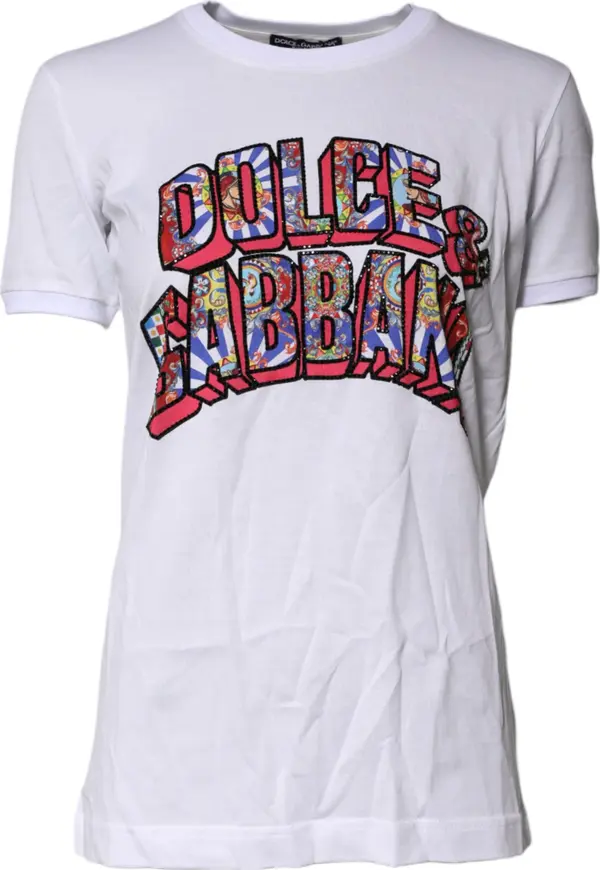 White Cotton Logo Print Round Neck T-shirt