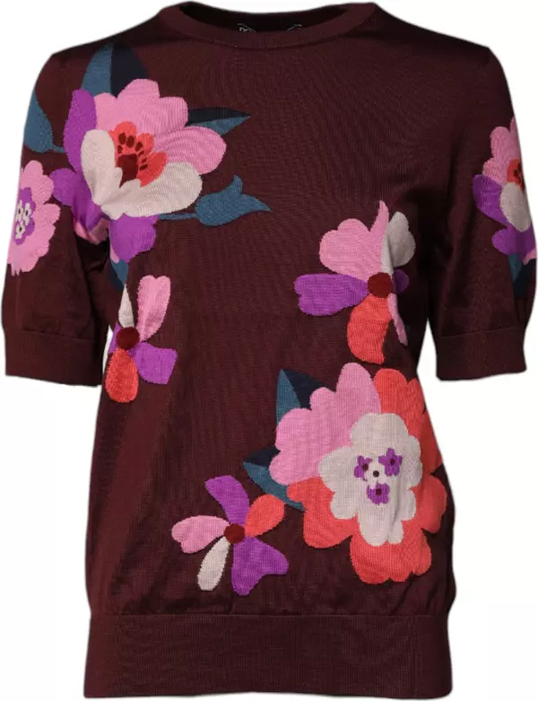 Maroon Floral Silk Crew Neck Blouse Top