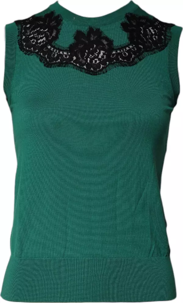 Green Wool Lace Detail Sleeveless Tank Top