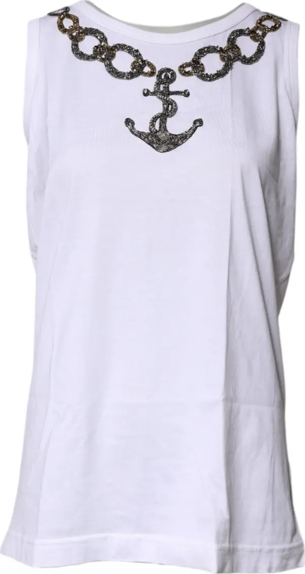 White Cotton Anchor Chain Embroidery Tank Top