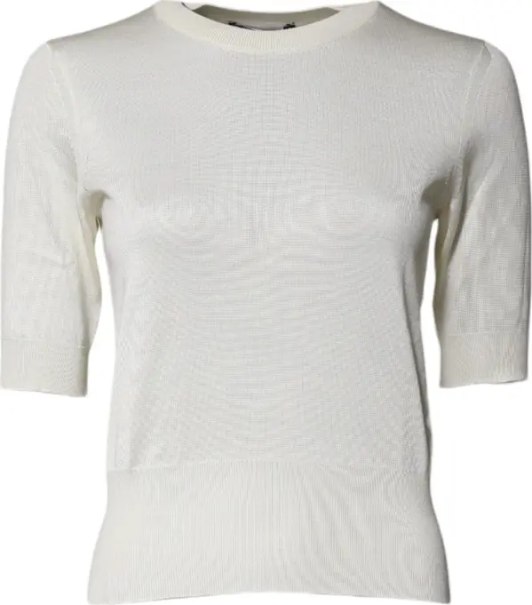 Cream Short Sleeve Silk Round Neck Blouse Top