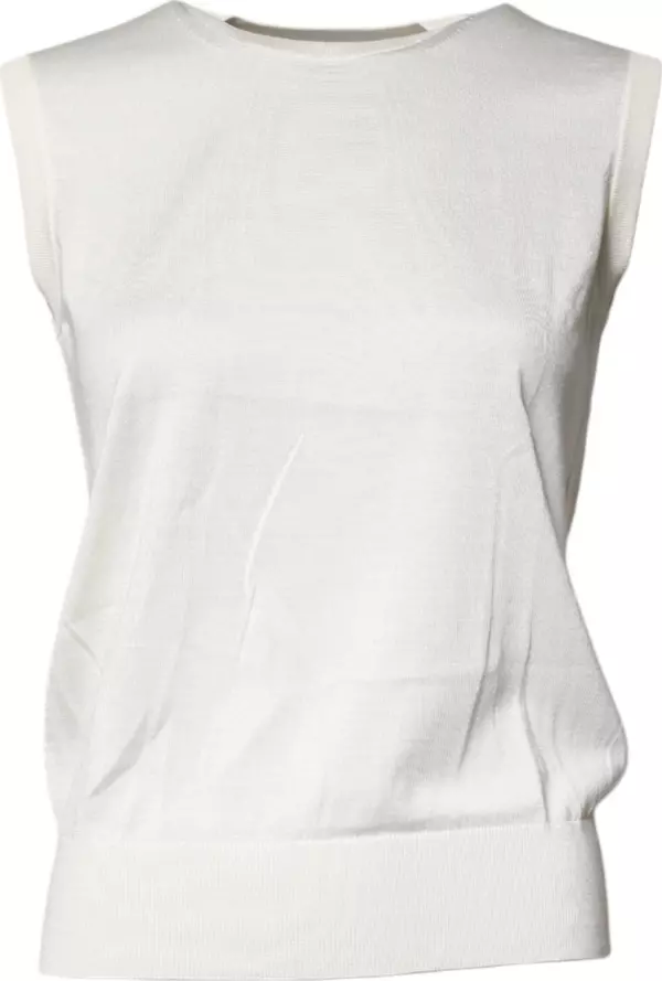 Cream Sleeveless Silk Round Neck Tank Top