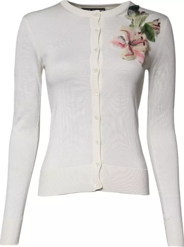 Cream Floral Silk Embellished Cardigan Sweater