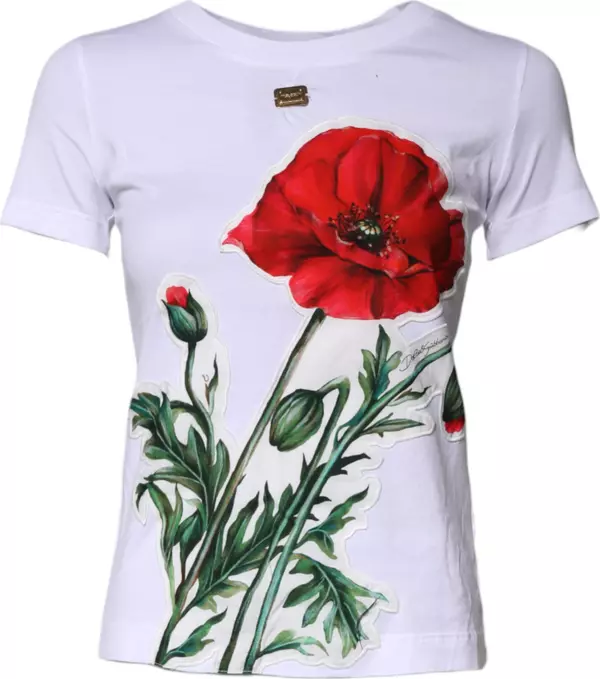White Floral Print Cotton Crew Neck T-shirt