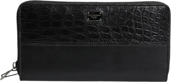 Black Leather Logo Plaque Zip Around Continental Wallet