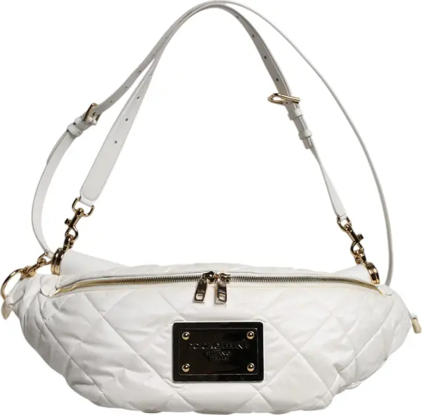 White Quilted Logo Plaque Belt Waist Fanny Pack Bag