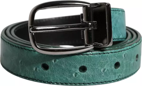 Green Ostrich Leather Silver Metal Buckle Belt