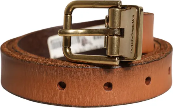 Brown Leather Gold Tone Metal Buckle Belt