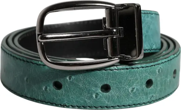 Green Leather Silver Tone Metal Buckle Belt
