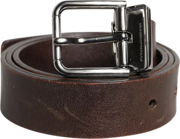 Brown Leather Classic Metal Logo Buckle Belt