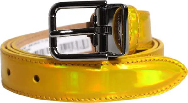 Metallic Yellow Leather Metal Logo Buckle Belt