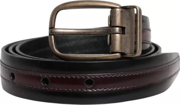 Black Burgundy Calfskin Metal Logo Buckle Belt