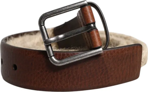 Brown Jute Leather Woven Metal Buckle Belt