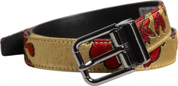 Gold Floral Jacquard Leather Metal Buckle Belt
