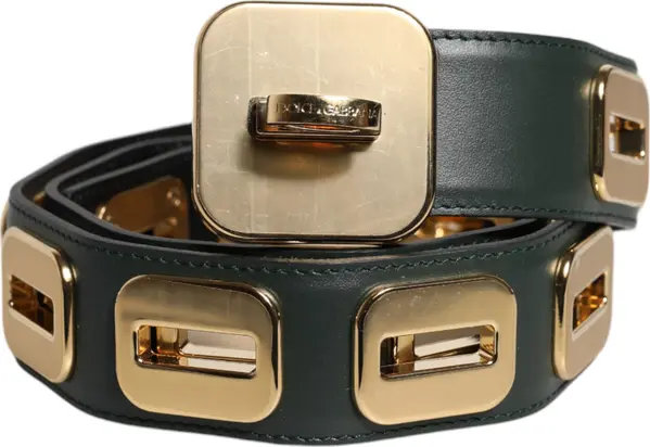 Green Leather Gold Tone Rotating Buckle Belt