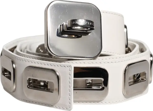 White Leather Gold Tone Rotating Buckle Belt