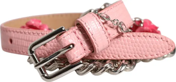 Pink Embelished Roses Textured Leather Belt