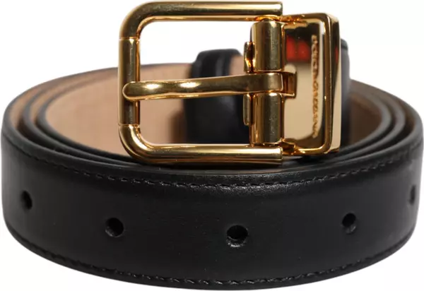 Black Leather Logo Metal Waist Buckle Belt