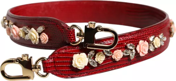Red Leather Floral Embellish Bag Shoulder Strap