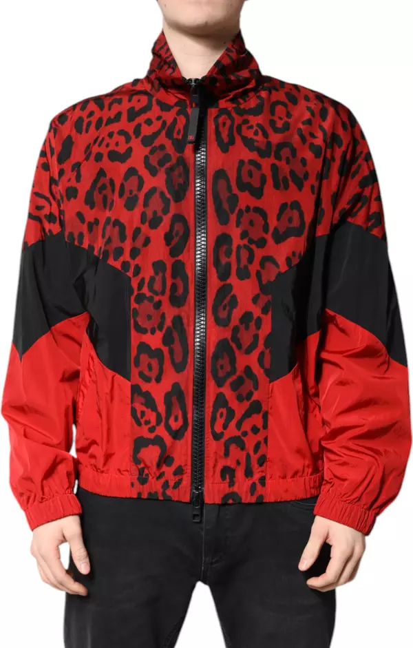 Red Leopard Nylon Bomber Full Zip Jacket