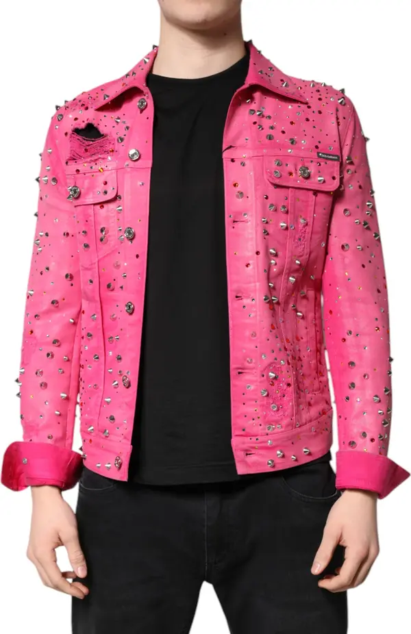Pink Crystal Embellished Cotton Denim Jacket