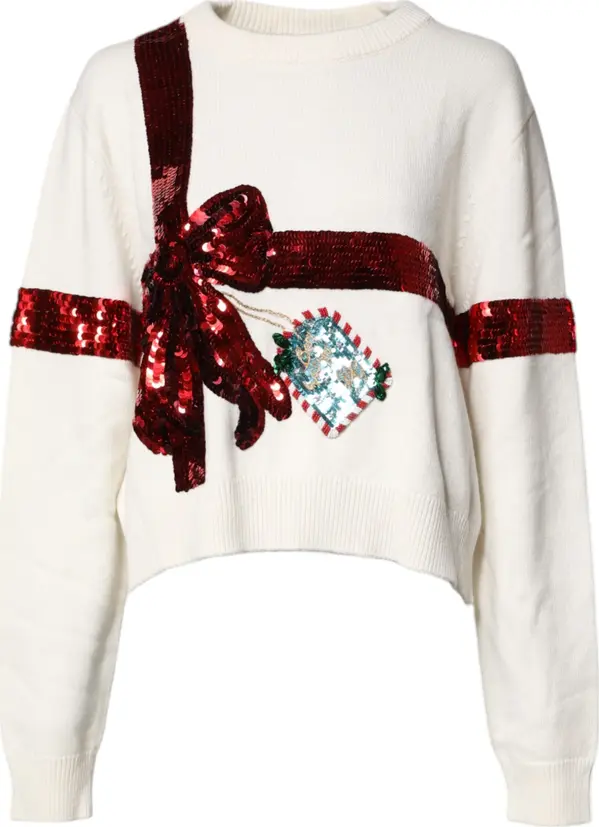 White Sequined Crew Neck Pullover Sweater