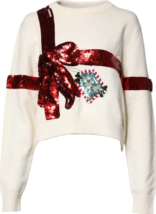 White Sequined Crew Neck Pullover Sweater