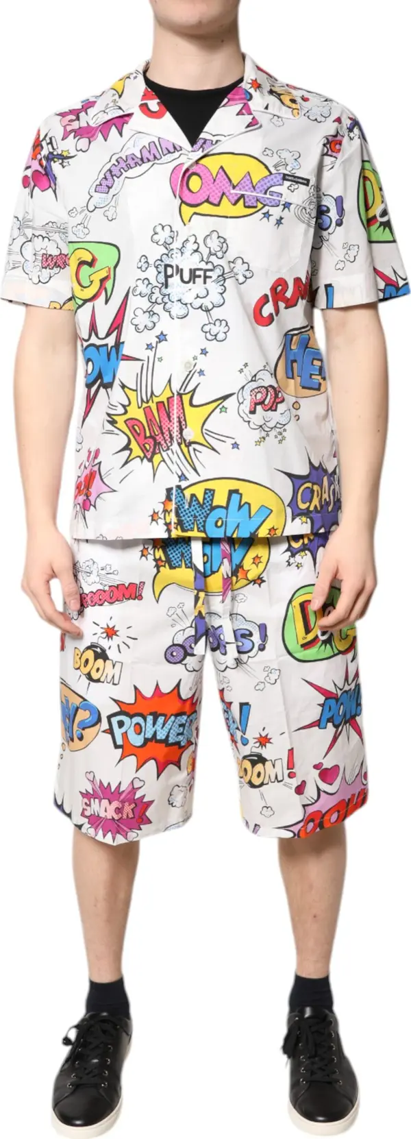 White Cartoon Print Cotton Men Pajama Set Sleepwear