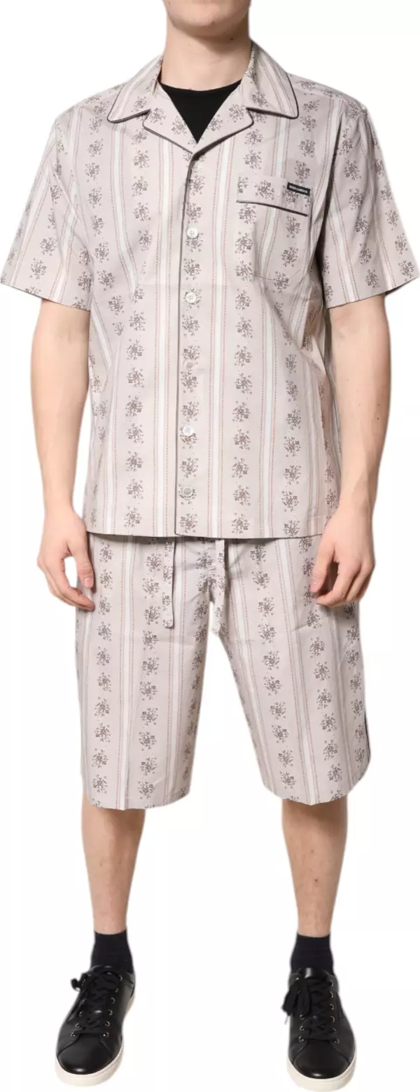 Beige Floral Print Cotton Men Pajama Set Sleepwear