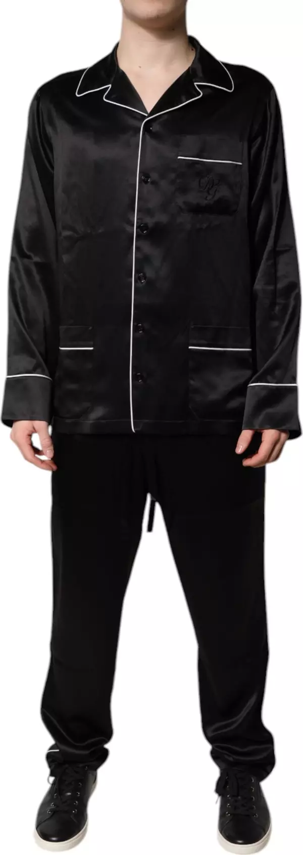 Black Silk Shirt Pants Pajama Set Sleepwear