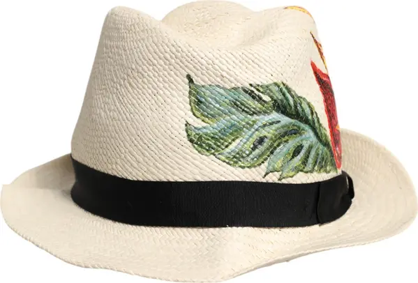 Beige Floral Print Straw Wide Brim Fedora Hat