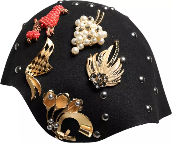 Black Wool Multicolor Embellished Cloche Hat