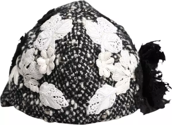 Black Wool White Floral Embellished Cloche Hat