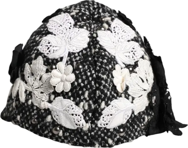 Black Wool White Floral Embellished Cloche Hat