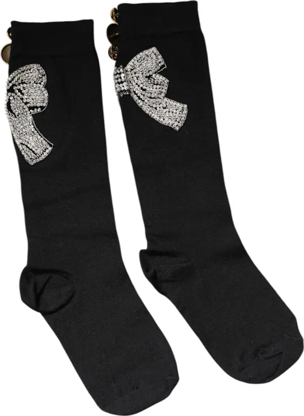 Black Knit Floral Crystal Embellishment Socks