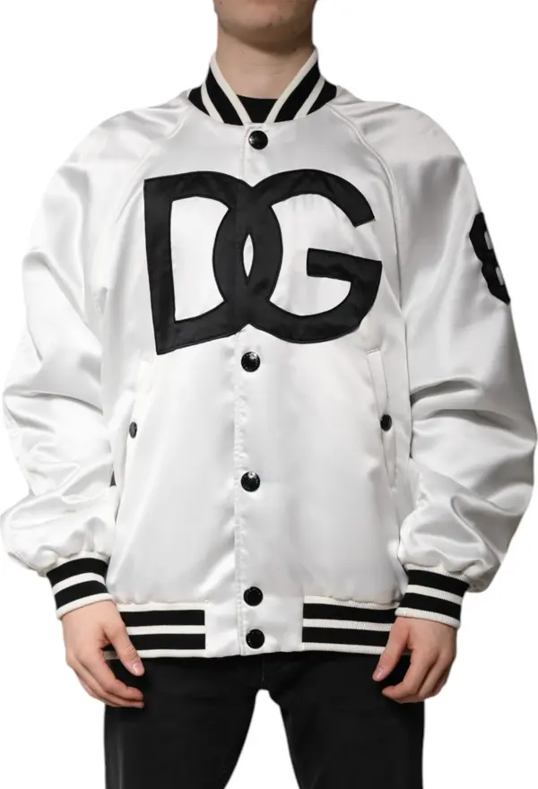 White DG Logo Polyester Jersey Bomber Jacket