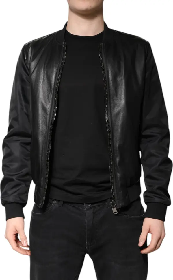 Black Lambskin Leather Biker Full Zip Jacket