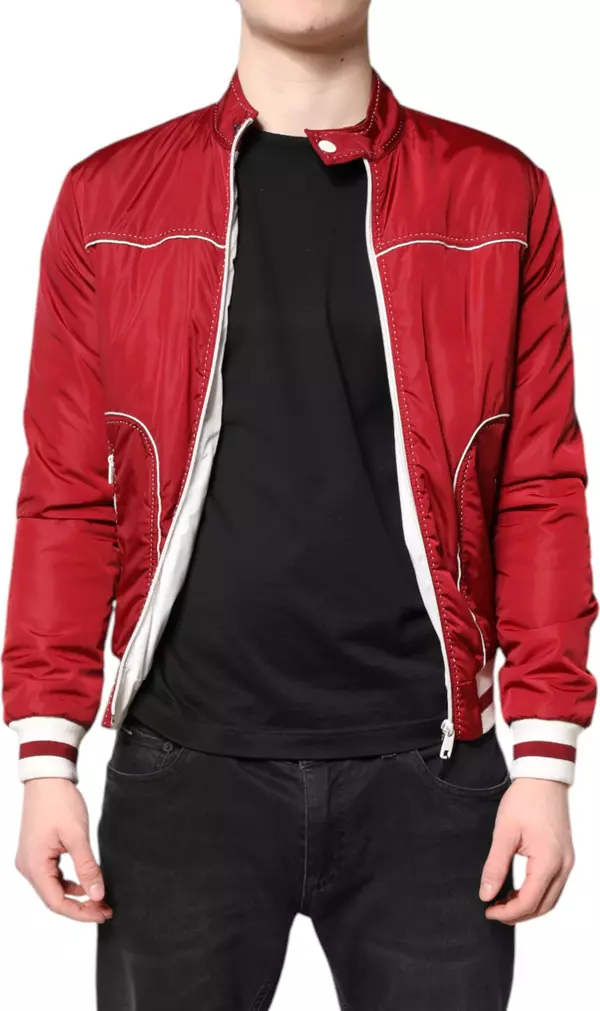 Red White Nylon Full Zip Men Bomber Jacket
