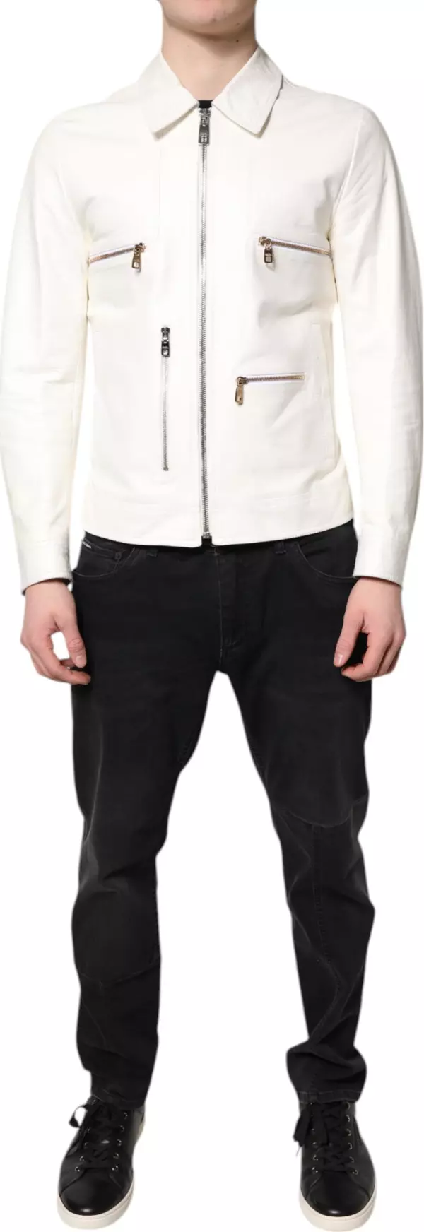 White Collared Full Zip Biker Coat Jacket