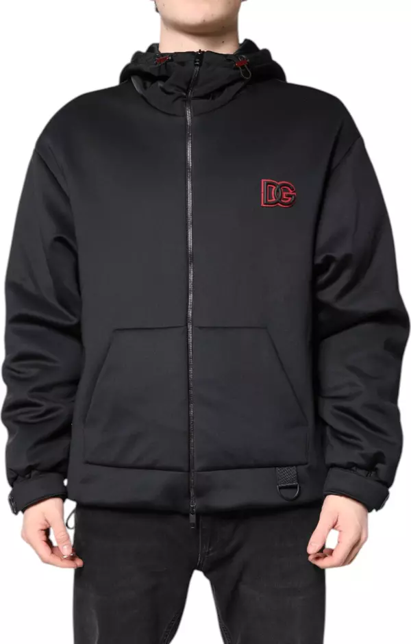 Black Polyester DG Hooded Full Zip Jacket