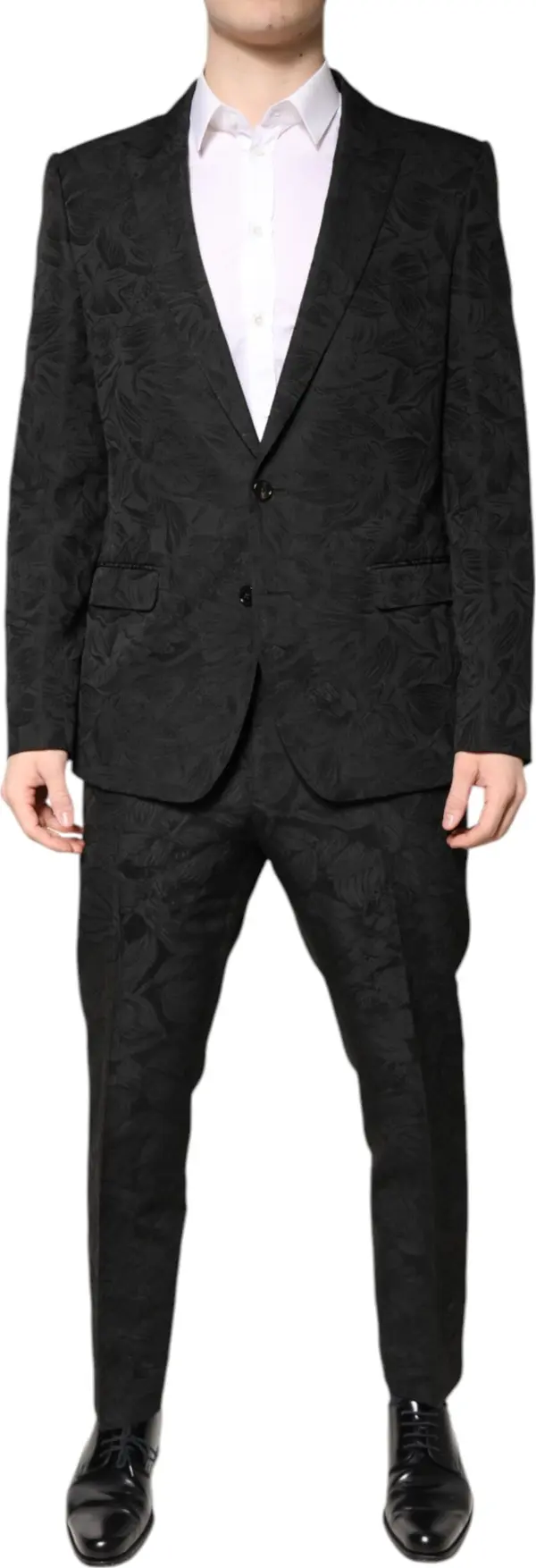 Black Polyester Floral Jacquard 2 Piece Suit