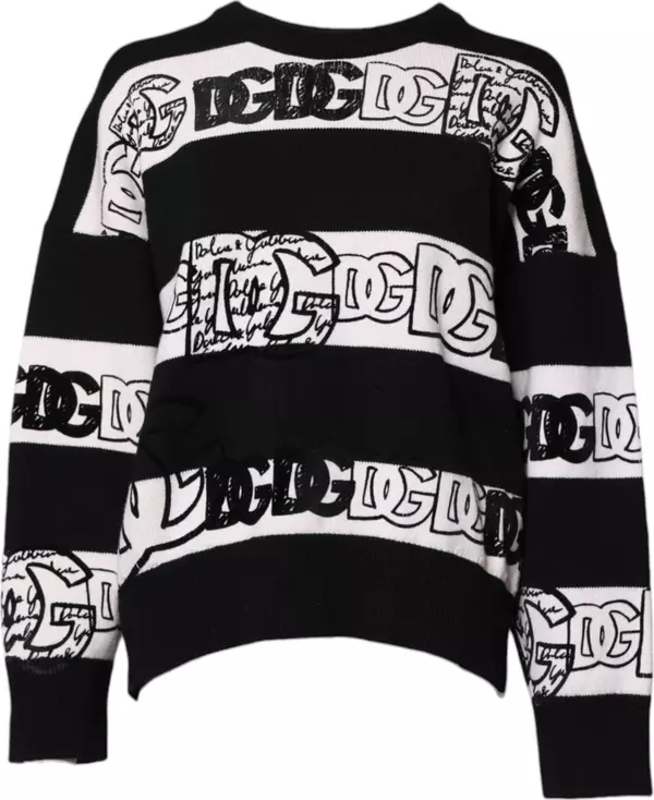 Black White Logo Print Wool Pullover Sweater