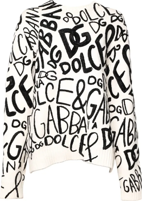 White Black Logo Print Women Pullover Sweater
